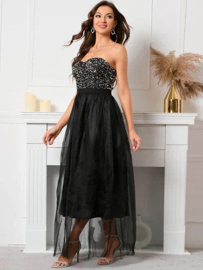 Elegant Strapless Sequin Mesh Maxi Dress - Image 3