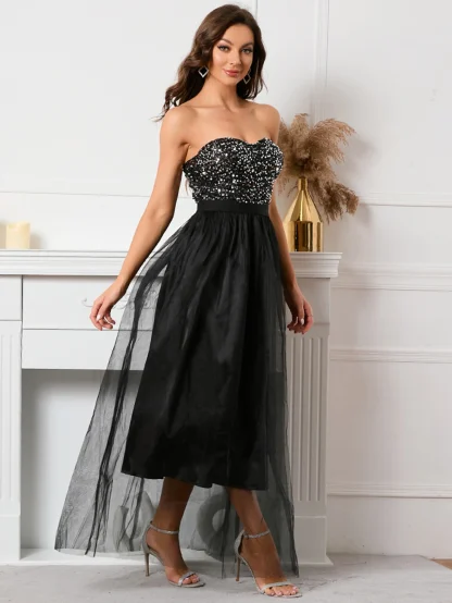 Elegant Strapless Sequin Mesh Maxi Dress - Image 4