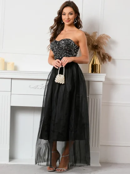 Elegant Strapless Sequin Mesh Maxi Dress