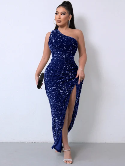 One Sleeve Shoulder Sparkling Slit Dress - Image 3
