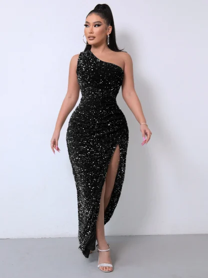 One Sleeve Shoulder Sparkling Slit Dress