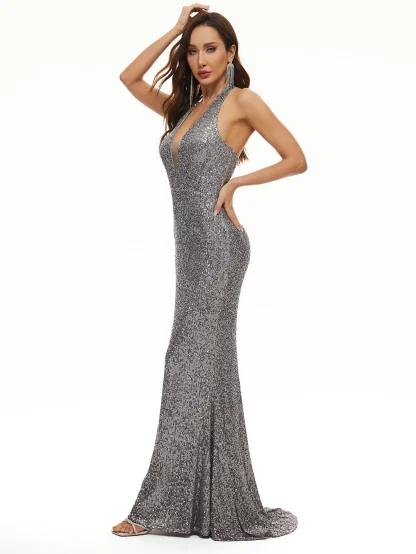Stunning Chic Sequin Maxi Halter Dress - Image 3