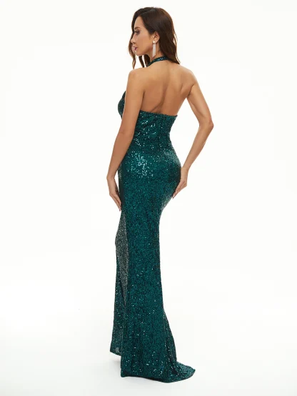 Stunning Chic Sequin Maxi Halter Dress - Image 2