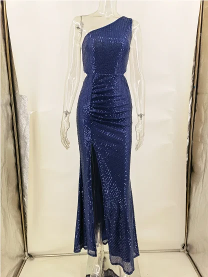 One-Shoulder Sequin Maxi High Slit Dress - Image 3
