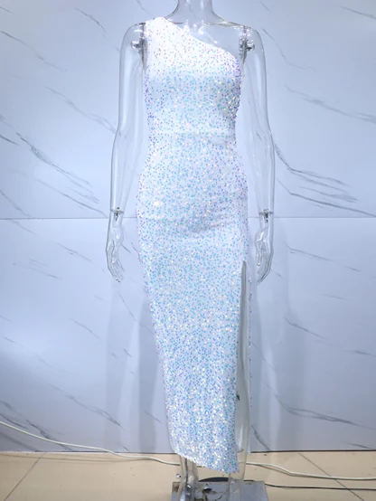 Chic White Sequin One-Shoulder Dress - Image 3