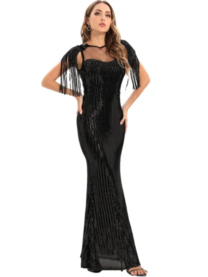 Enchanting Tassel Sleeves Sequin Dress