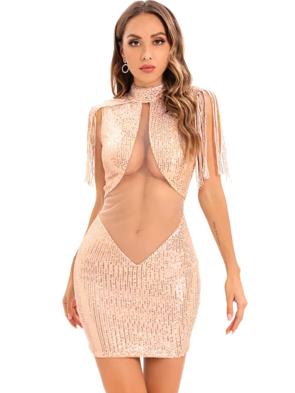 Revealing Front Sequin Shiny Dress - Image 5