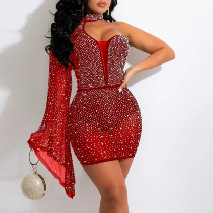 One Long Shoulder Sleeve Shiny Dress - Image 5