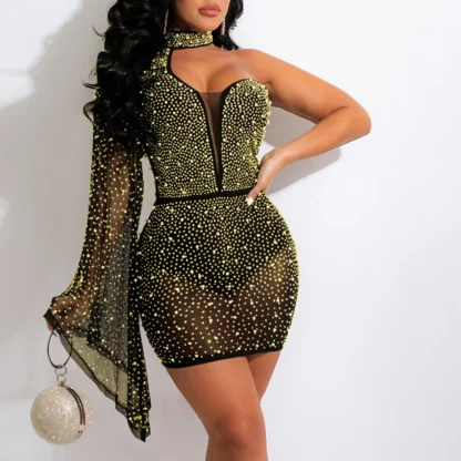 One Long Shoulder Sleeve Shiny Dress - Image 2
