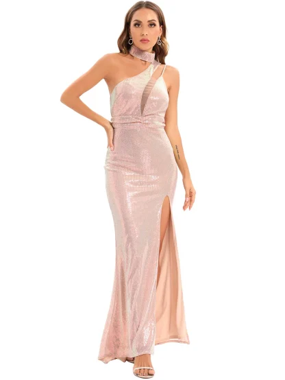 One-Shoulder Sleeve High Slit Sequin Dress