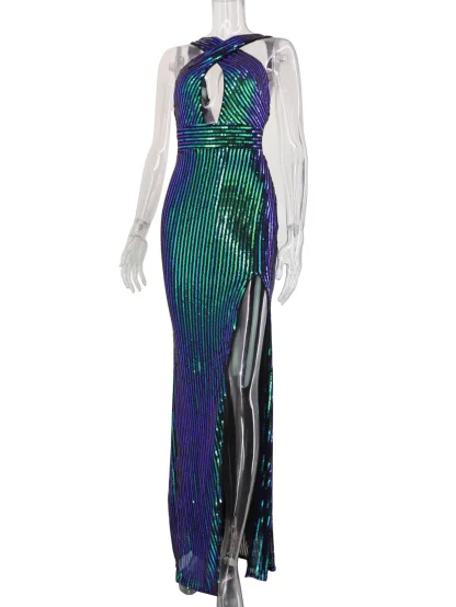 Elegant High Slit Shiny Maxi Dress - Image 3