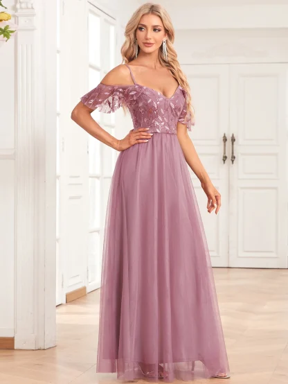 Long Off-Shoulder Mesh Sequin Dress - Image 4