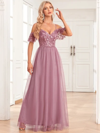 Long Off-Shoulder Mesh Sequin Dress - Image 5