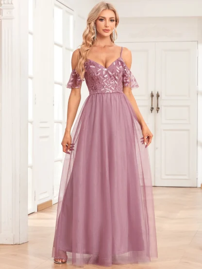 Long Off-Shoulder Mesh Sequin Dress