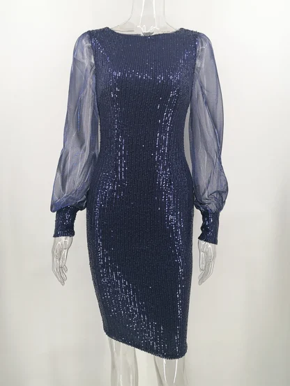 Long Mesh Sleeve Shiny Bodycon Dress - Image 3