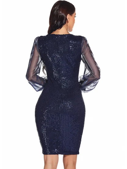 Long Mesh Sleeve Shiny Bodycon Dress - Image 5