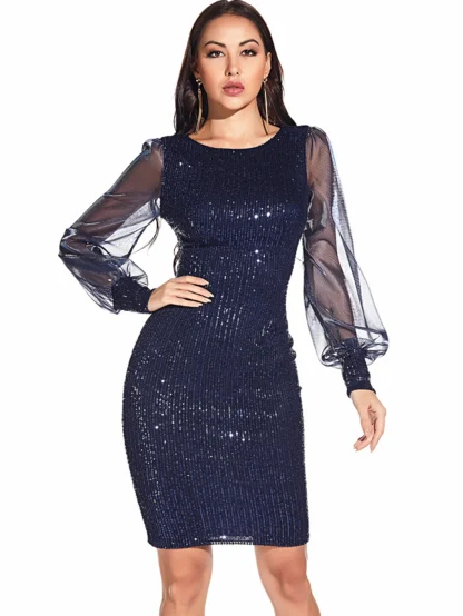 Long Mesh Sleeve Shiny Bodycon Dress