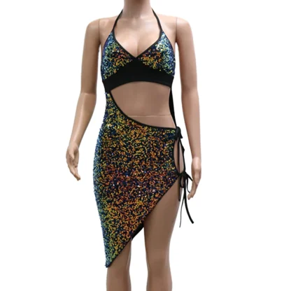 Cut-Out Strap Sequin Halter Neck Dress - Image 3