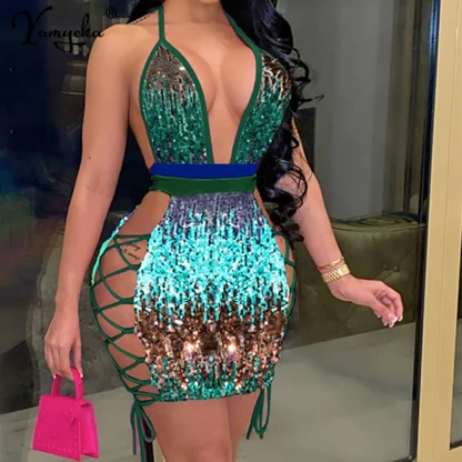 Side Lace Up Hollow Out Backless Shiny Dress - Image 2