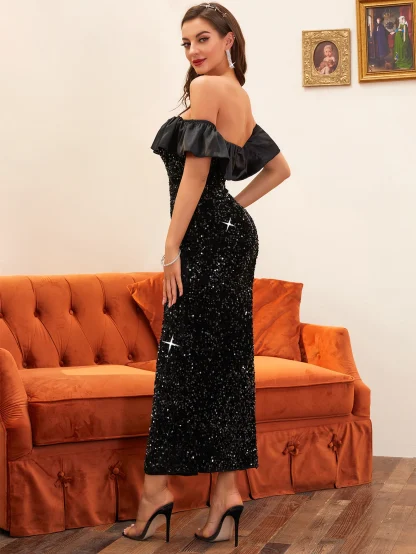 Off Shoulder Sparkling Slit Dress - Image 2