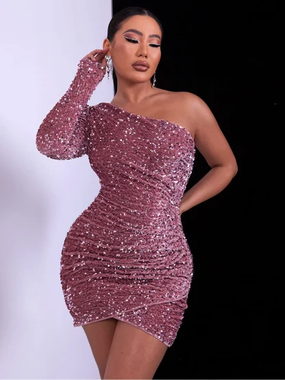 One Long Sleeve Bodycon Shiny Dress - Image 4