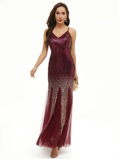 Mesh Bottom Skirt Long Shiny Dress - Image 3