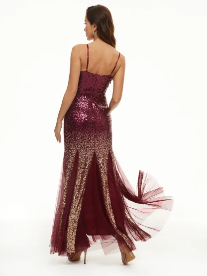 Mesh Bottom Skirt Long Shiny Dress - Image 2