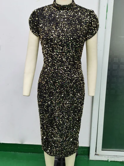 Vintage-Like Sequin Puff Sleeve Midi Dress - Image 2