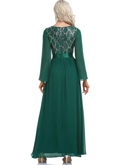 Long Sleeve Flare Sequin Chiffon Dress - Image 2