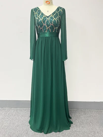 Long Sleeve Flare Sequin Chiffon Dress - Image 3