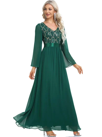 Long Sleeve Flare Sequin Chiffon Dress - Image 4
