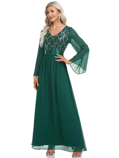 Long Sleeve Flare Sequin Chiffon Dress - Image 5