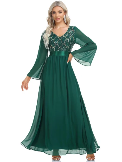 Long Sleeve Flare Sequin Chiffon Dress