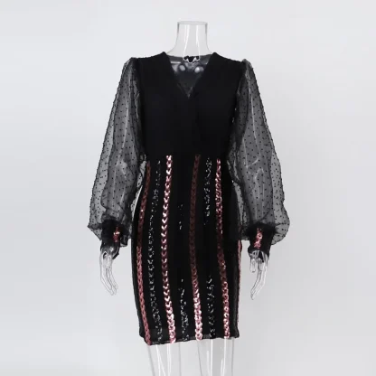 Elegant Mesh Long Sleeve Shiny Dress - Image 5
