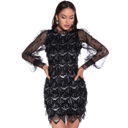 Fringe Long Sleeve Sparkling Dress - Image 3