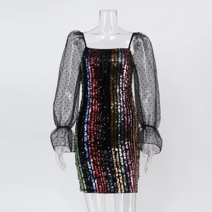Mesh Sleeve Vintage-Like Sequin Dress - Image 4