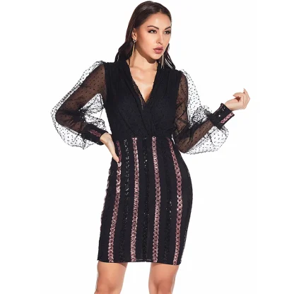 Elegant Mesh Long Sleeve Shiny Dress - Image 3