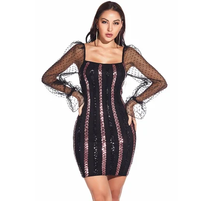 Mesh Long Sleeve Sparkling Dress - Image 2