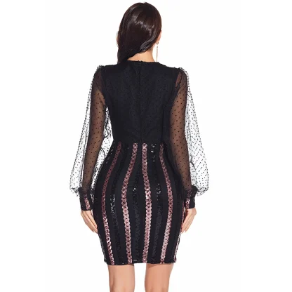 Elegant Mesh Long Sleeve Shiny Dress - Image 4