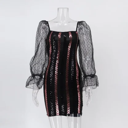 Mesh Long Sleeve Sparkling Dress - Image 4