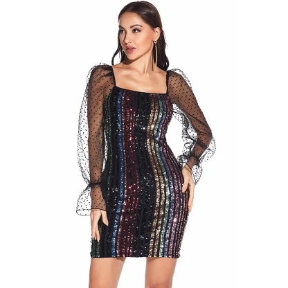 Mesh Sleeve Vintage-Like Sequin Dress