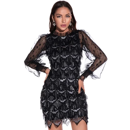 Fringe Long Sleeve Sparkling Dress