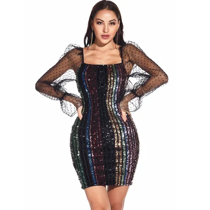 Mesh Sleeve Vintage-Like Sequin Dress - Image 3