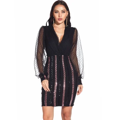 Elegant Mesh Long Sleeve Shiny Dress