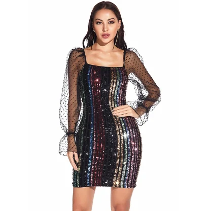 Mesh Sleeve Vintage-Like Sequin Dress - Image 2