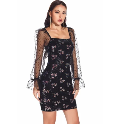 Mesh Long Sleeve Sparkling Dress - Image 6