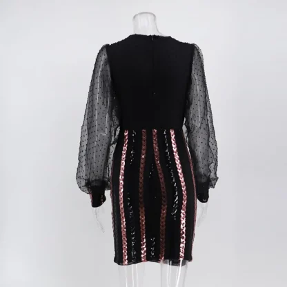 Elegant Mesh Long Sleeve Shiny Dress - Image 7