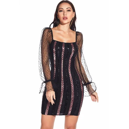 Mesh Long Sleeve Sparkling Dress - Image 3