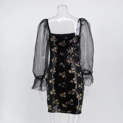 Mesh Sleeve Vintage-Like Sequin Dress - Image 6