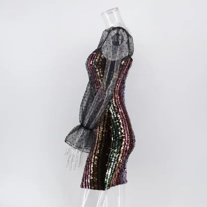 Mesh Sleeve Vintage-Like Sequin Dress - Image 5